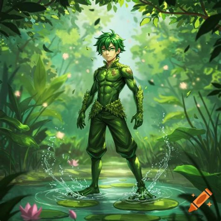 an anime character with green hair and piercings on his head is looking