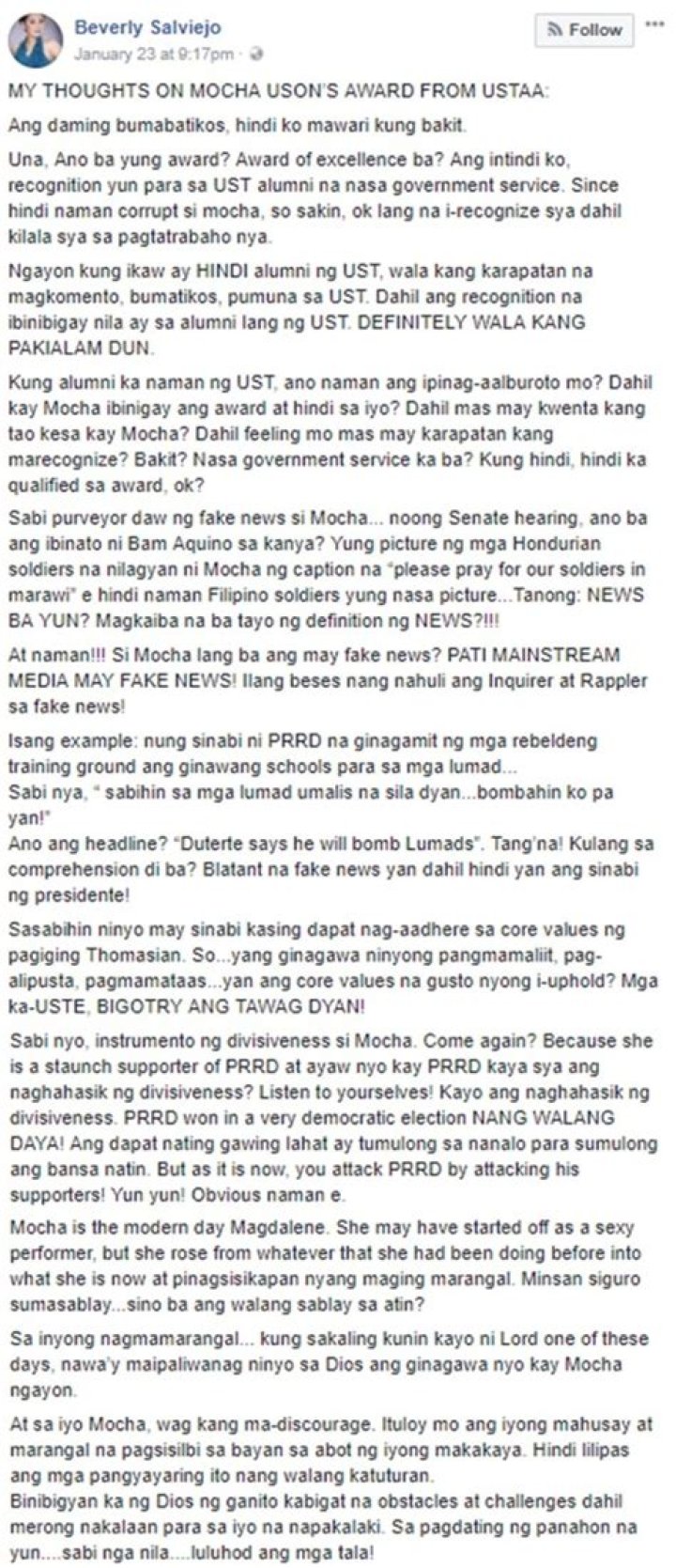Beverly Salviejo Writes Open Letter To All Mocha's UST Award Critics