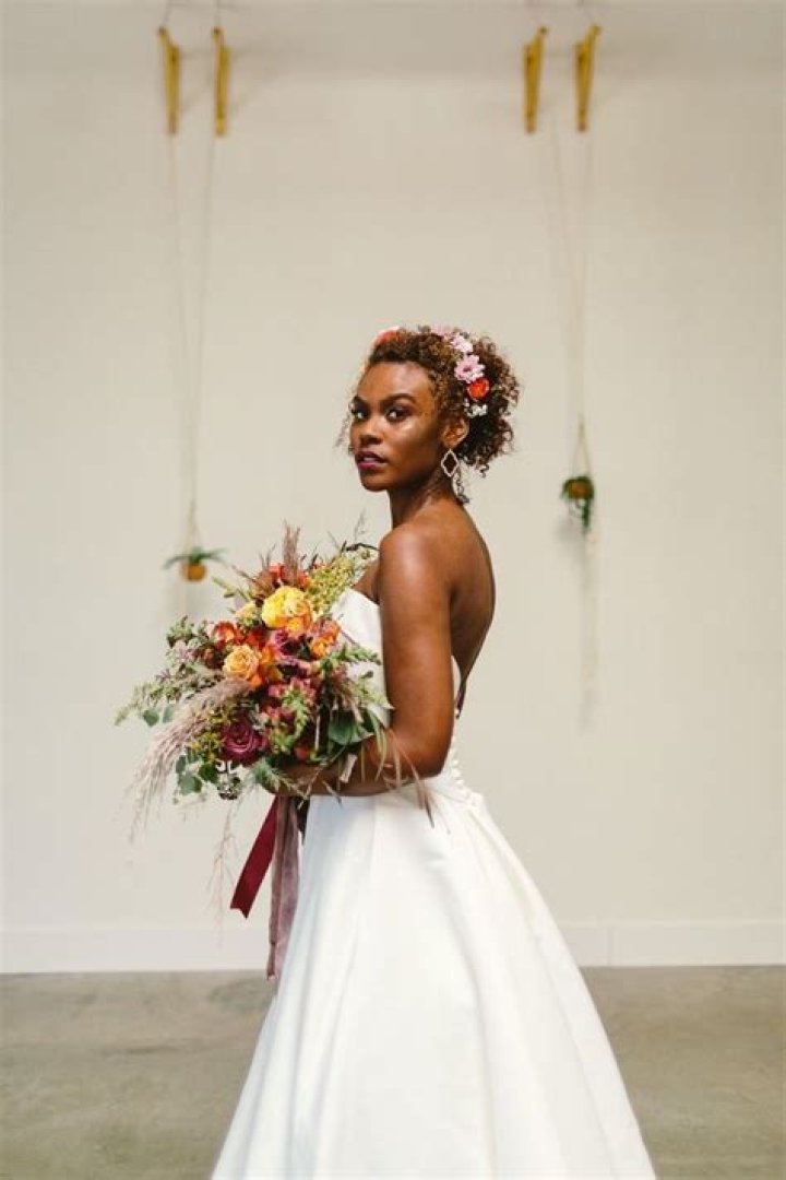black bride wedding flowers flowercrown white dress vintage laughing