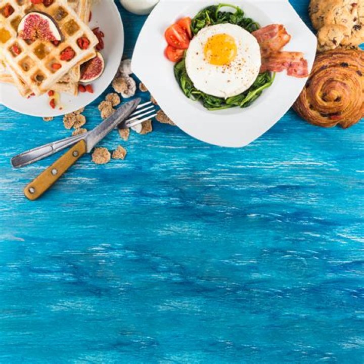 Breakfast Foods on Blue Background Stock Image Image of blue, drink