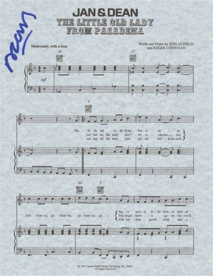 Dean Torrence SIGNED Little Old Lady From Pasadena sheet music 2 COA