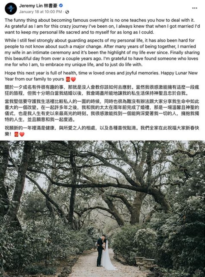 Jeremy Lin reveals secret marriage in Facebook post