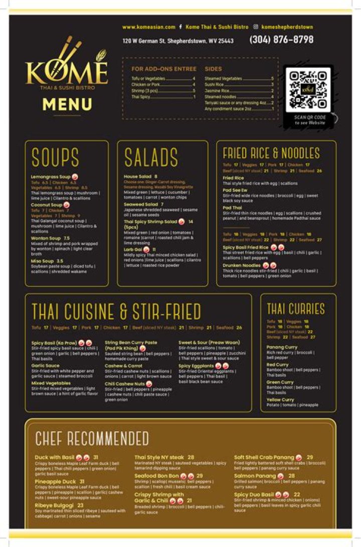 Kome Thai & Sushi Bistro 120 W German St, Shepherdstown, WV 25443, USA