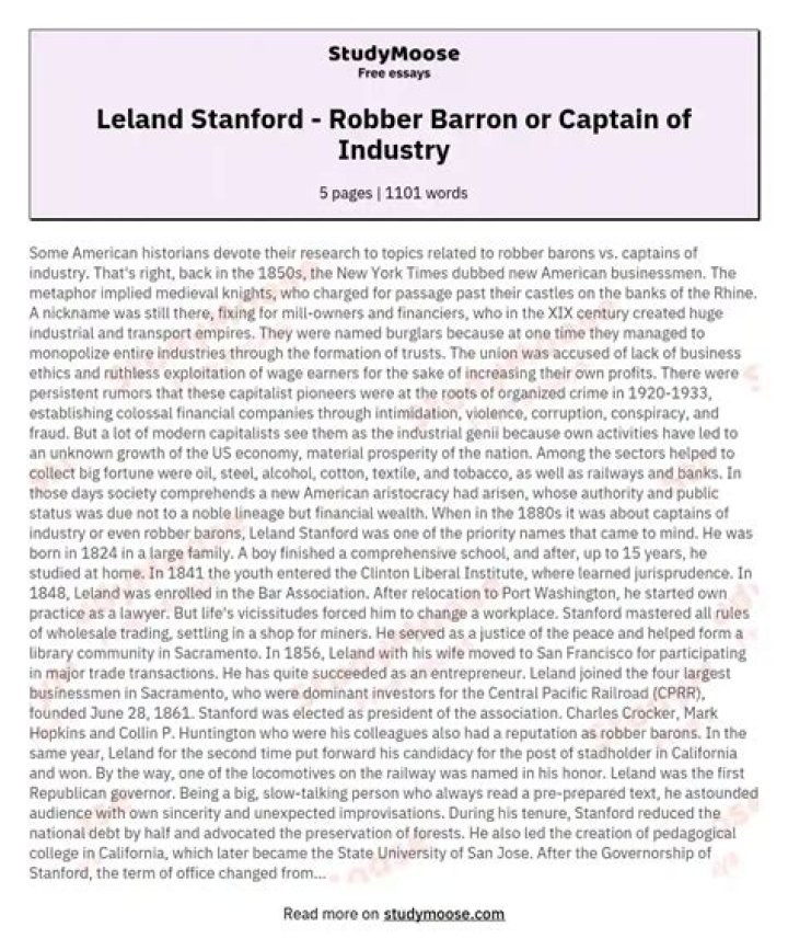 Leland Stanford Robber Barron or Captain of Industry WriteWork