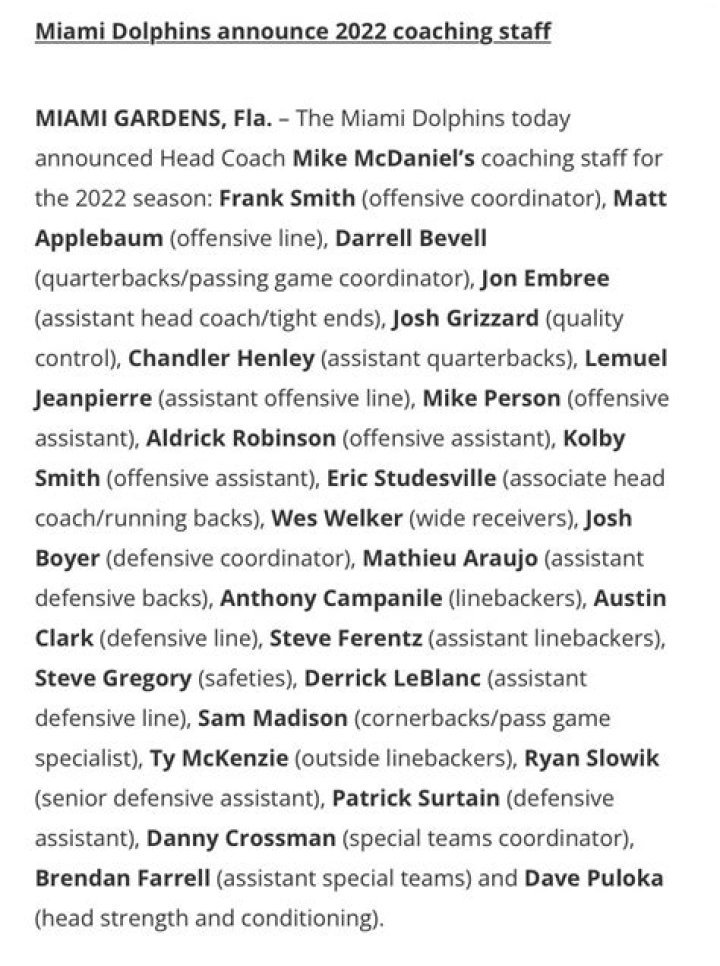 Report Miami Dolphins announce full coaching staff for 2022 season