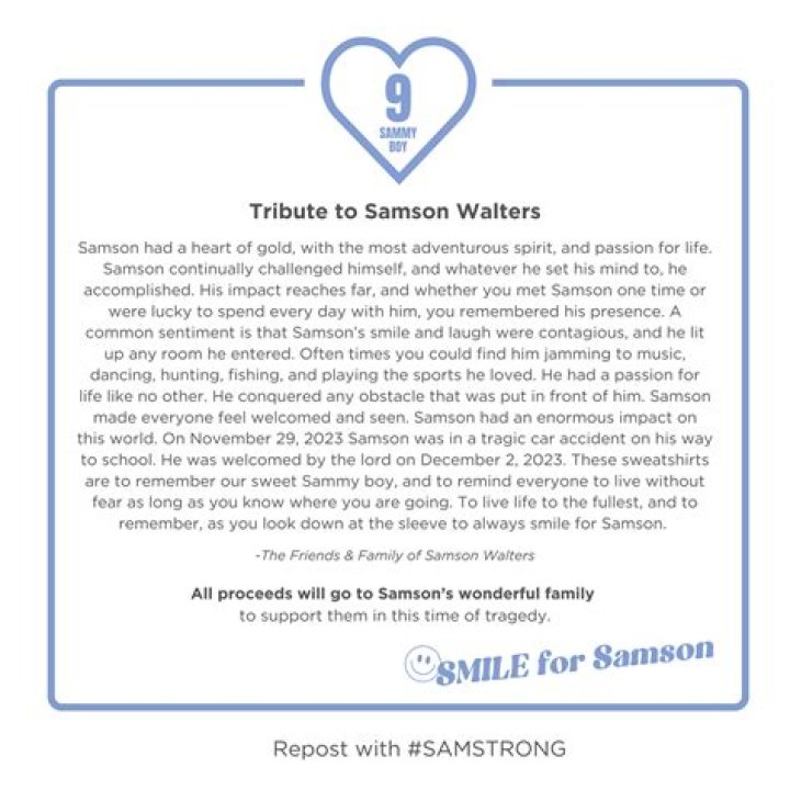 Samson Walters obituary, Best friend honors Hugo teen Whats happened